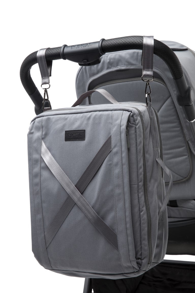 a grey bag on a stroller